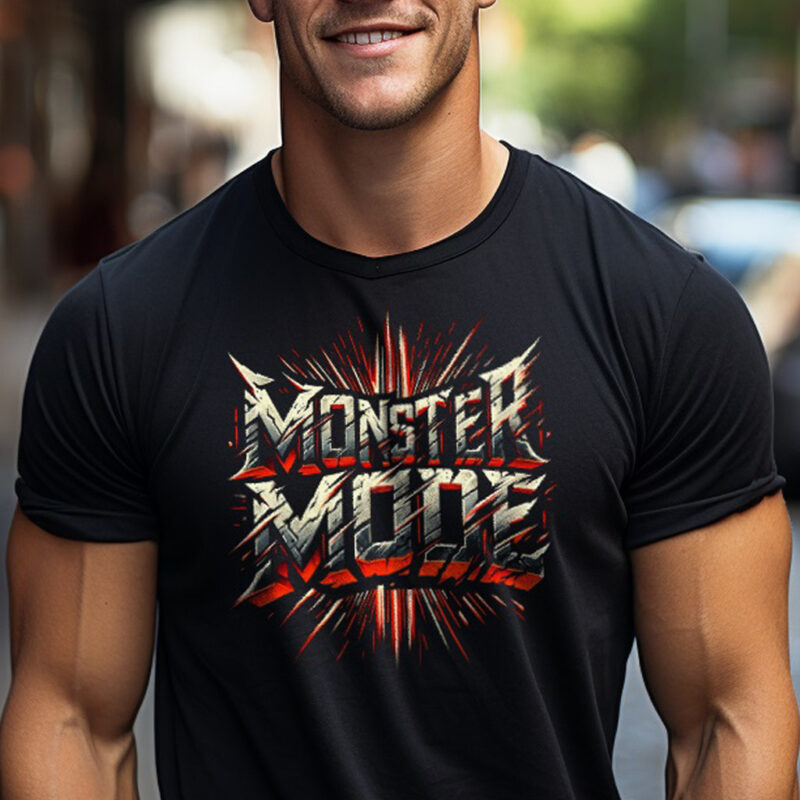 Smiling man in urban setting wearing a black T-shirt with 'Monster Mode' graphic design.