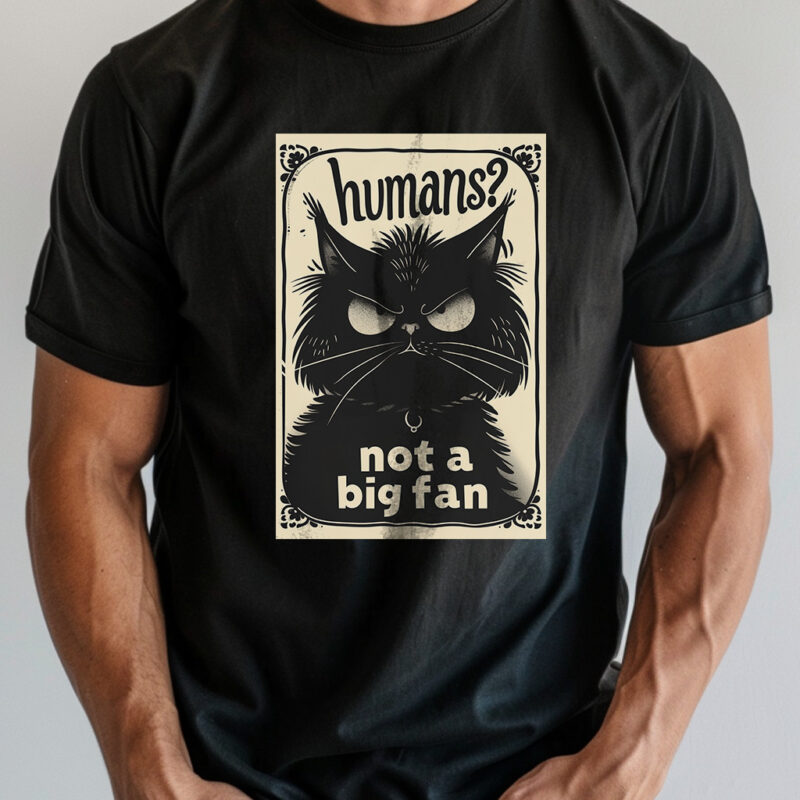 Grumpy cartoon cat disliking humans printed on a Black Cat Tshirt