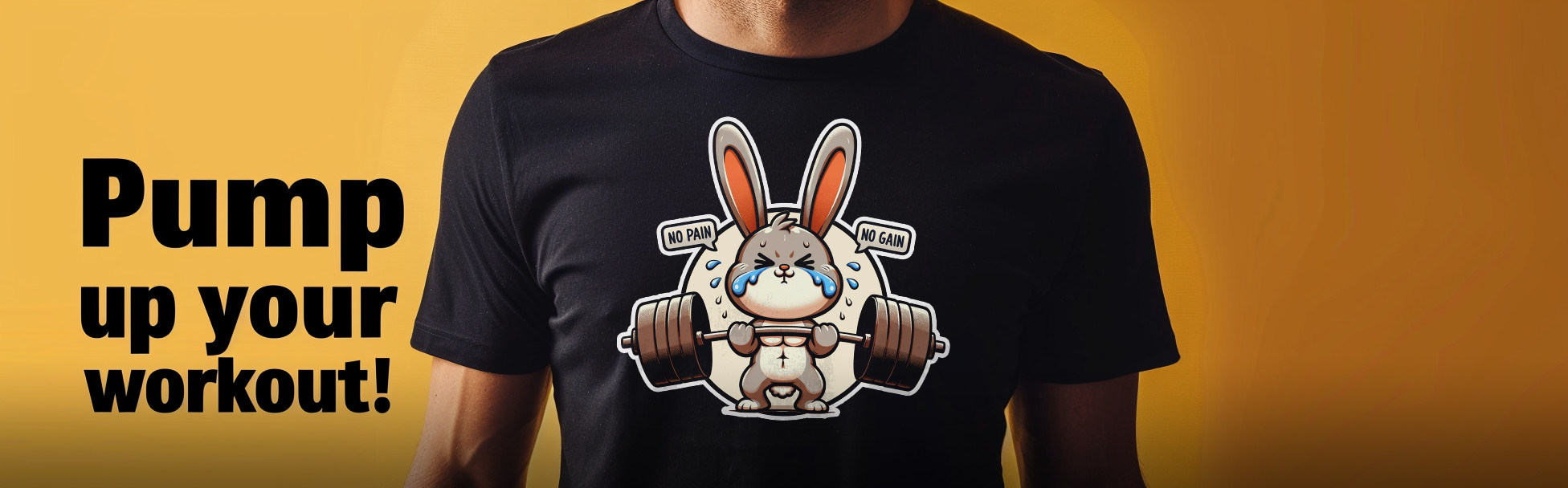 A person wearing a black t-shirt with a graphic of a determined cartoon bunny lifting weights. The shirt's design includes the motivational phrase "NO PAIN NO GAIN" in bold lettering encircling the bunny.